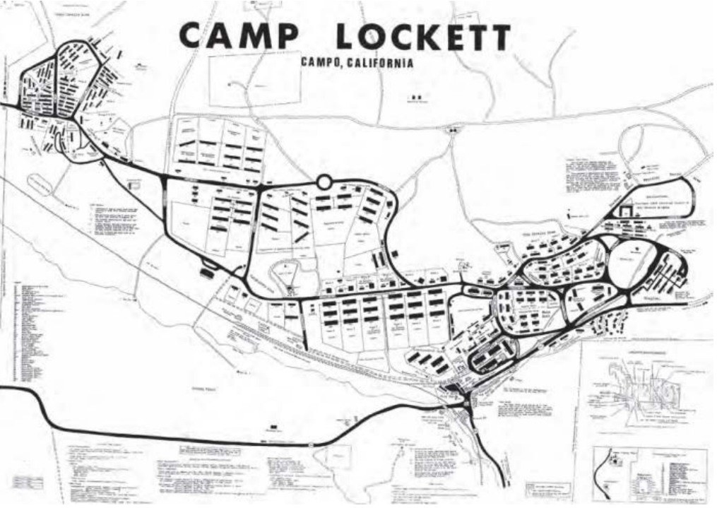A 1943 United States Army map headed Camp Lockett, Campo, California, showing two separate cantonment areas, stable rows and the road and rail lines through the valley
