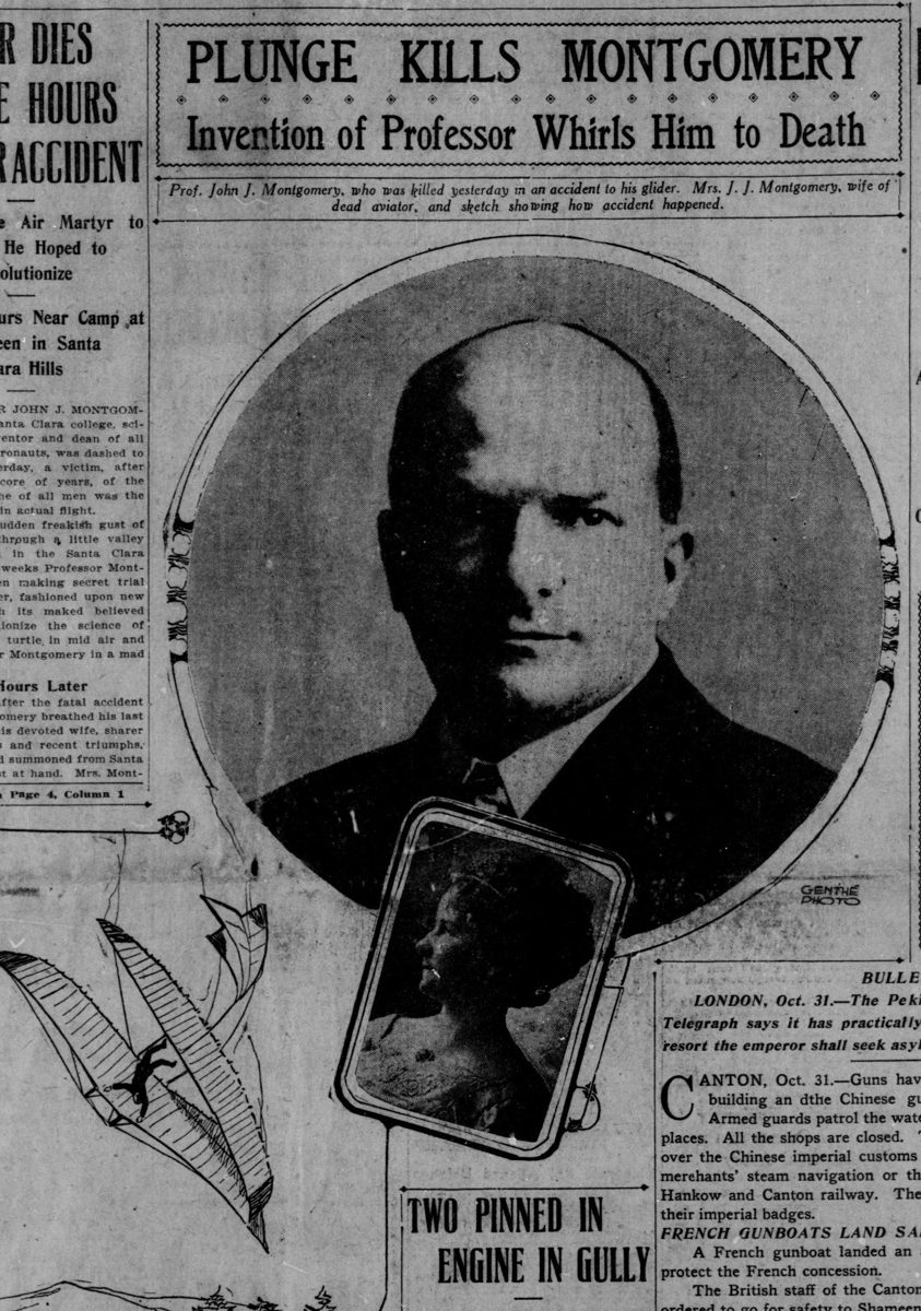 A newspaper front page column headlined Plunge Kills Montgomery, with an oval portrait of a balding man, a smaller photo of a woman and a sketch of a falling glider