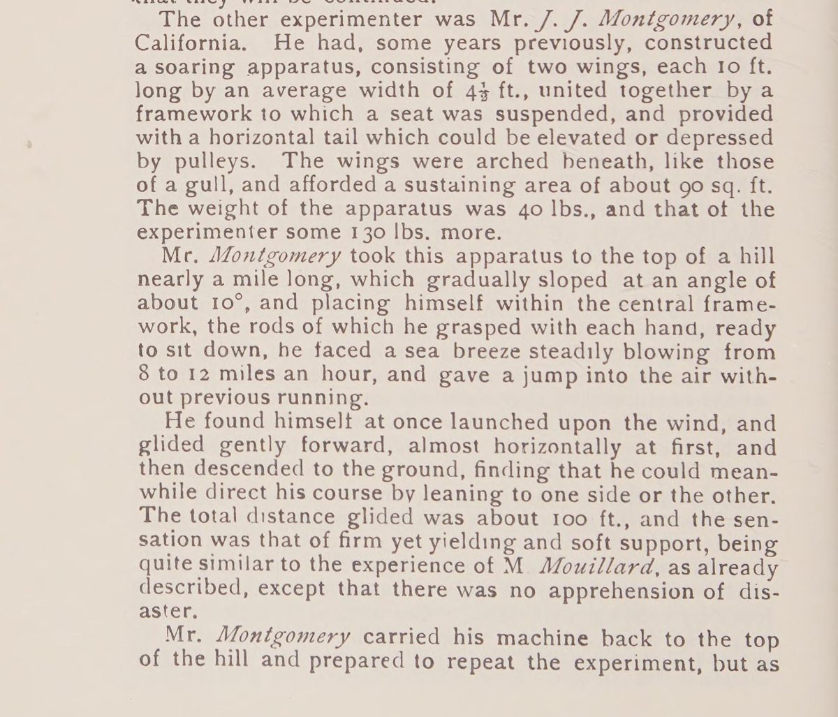 A page of old printed book text describing Mr. J. J. Montgomery of California and his glider experiments on a hill