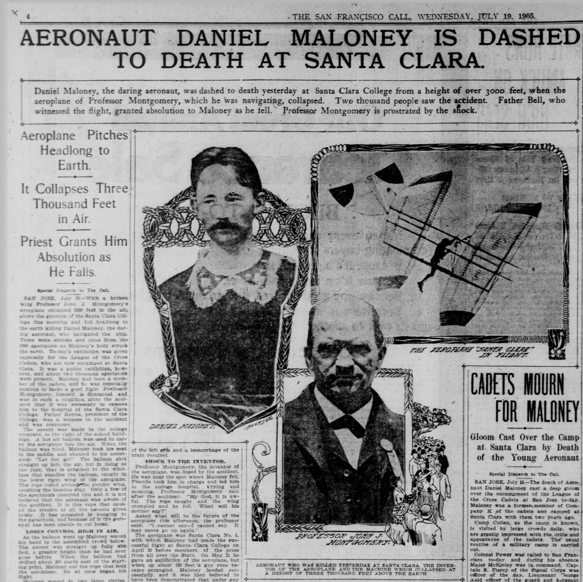 A newspaper page headlined Aeronaut Daniel Maloney Is Dashed to Death at Santa Clara, with portraits of two men and a drawing of a glider breaking up in the air