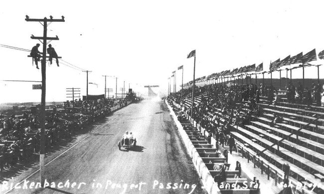 Eddie Rickenbacker passing the grandstand in his Peugeot. He did not finish, a broken connecting rod