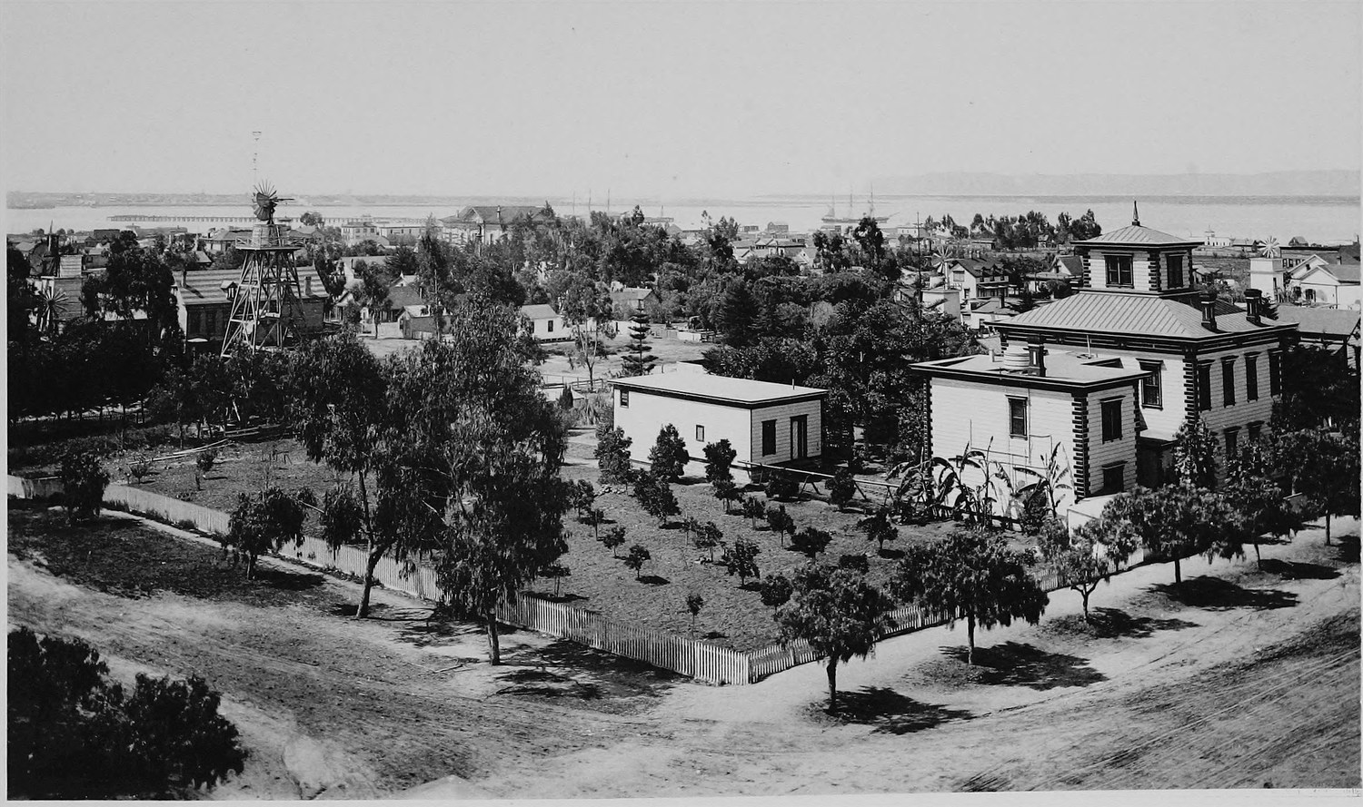 A town of scattered frame houses and young trees seen from a rise, dirt streets and a windmill tower at the left