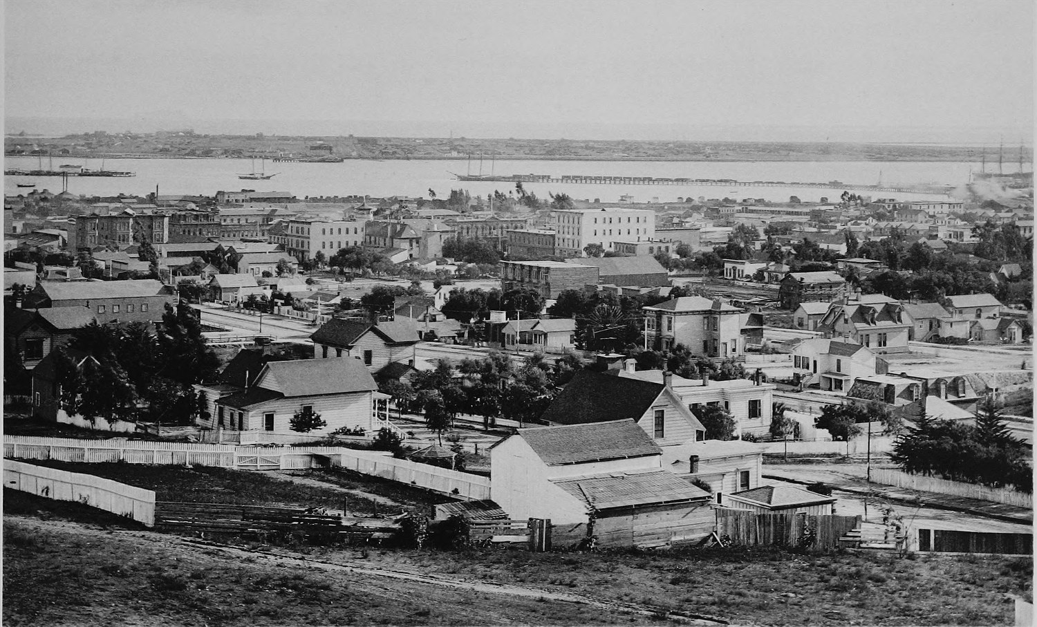 A town seen from a hill looking toward the water, frame houses and dirt streets in front, a bay with ships beyond