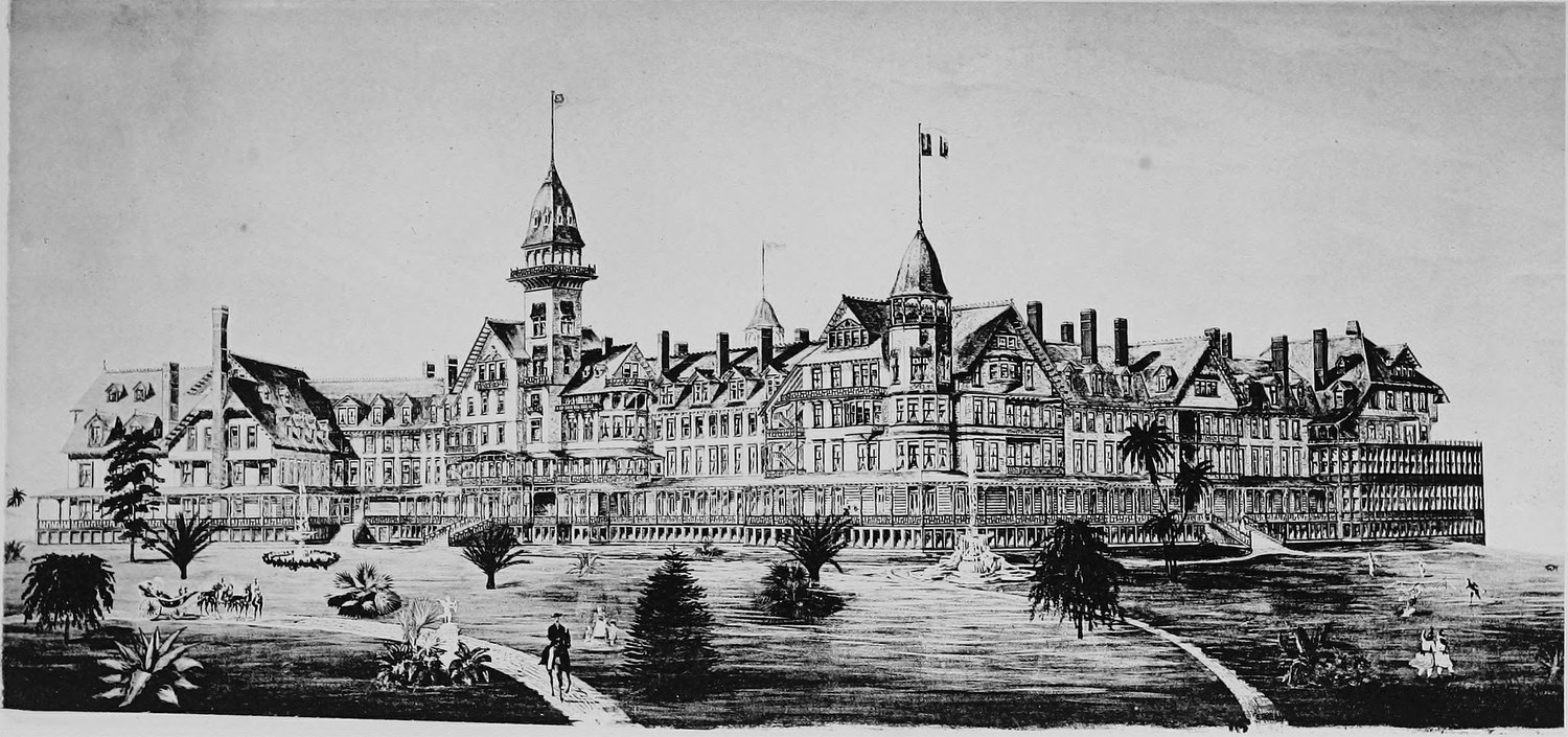 A pen and ink drawing of a very large resort hotel with turrets, dormers and long verandahs, drawn figures and young palms on the lawn in front