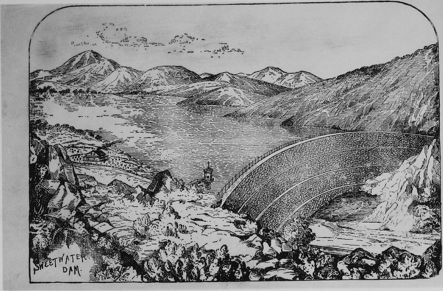 A pen and ink drawing of a curved masonry dam holding back a reservoir in a mountain valley, lettered Sweetwater Dam