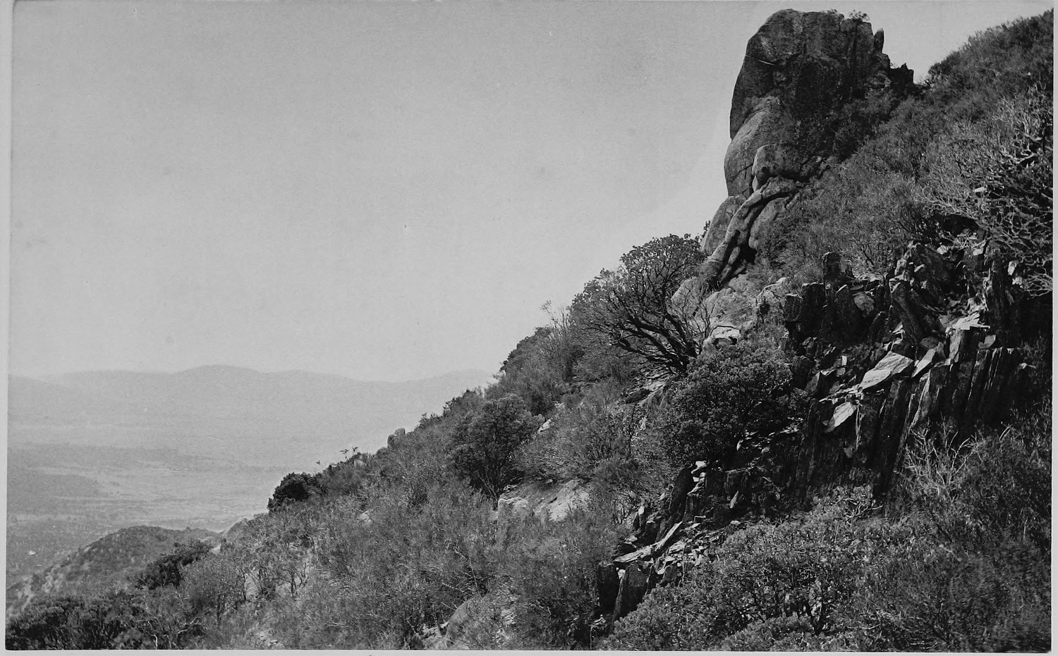 A rocky brush covered mountainside falling away to a wide flat valley far below