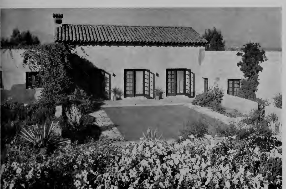 Flower gardens and patio at the Spanish Inn, Rancho Santa Fe, 1928