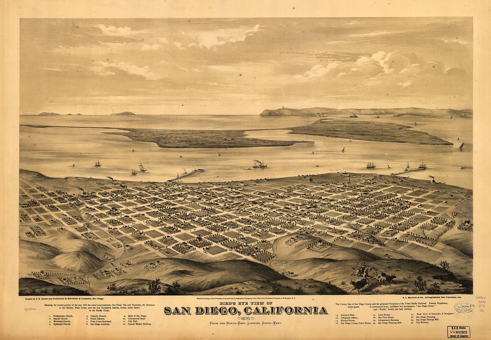 A drawn bird's eye view of San Diego in 1876, a grid of streets and buildings on the shore of the bay, with the peninsula and the ocean beyond and ships at anchor