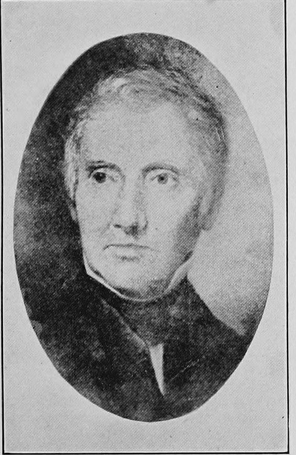 Engraved oval portrait of an older man with white hair in a dark coat and high collar