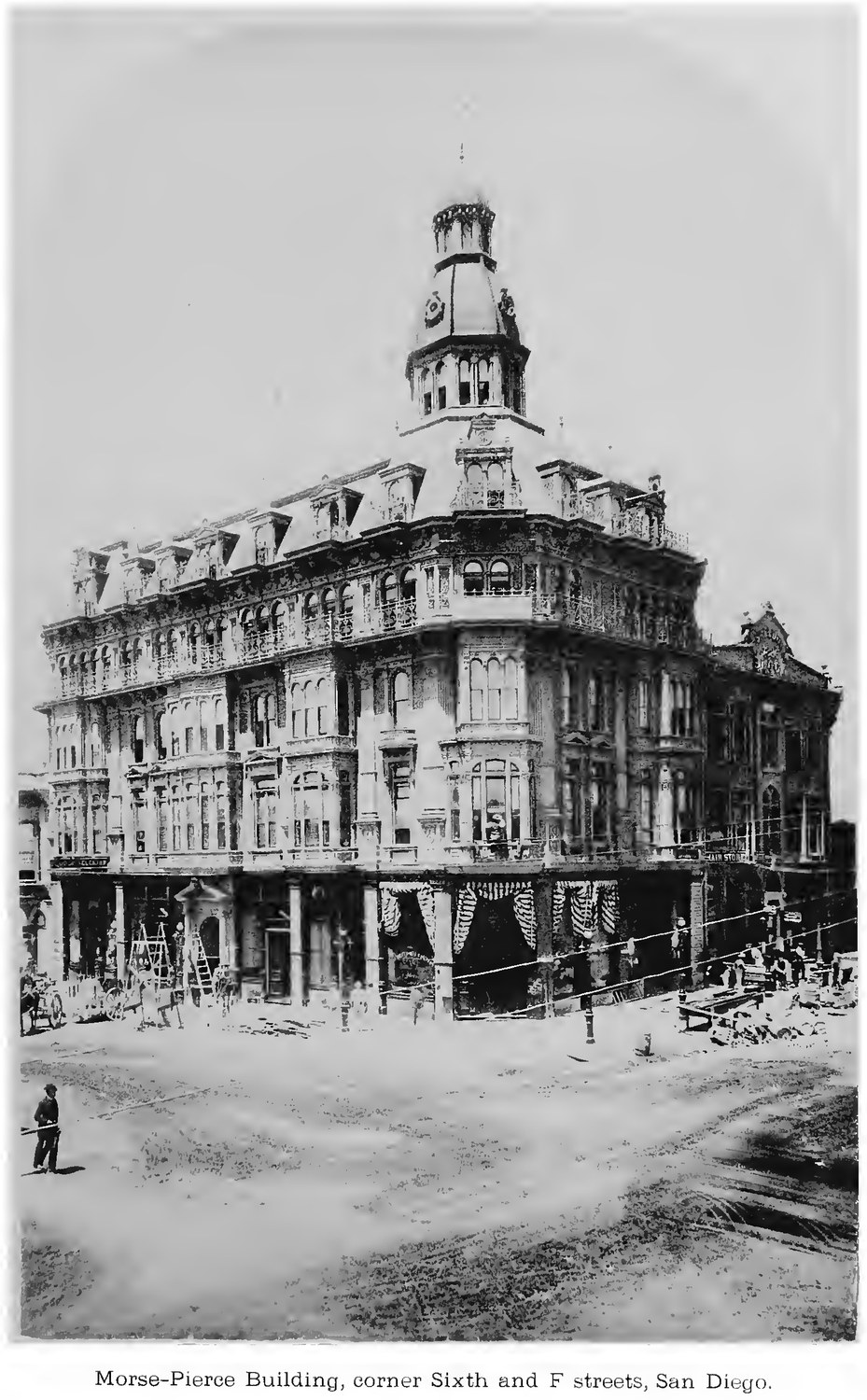 The Morse-Pierce Building on the corner of Sixth and F streets in San Diego, photographed in 1887, with an unpaved street in front of it