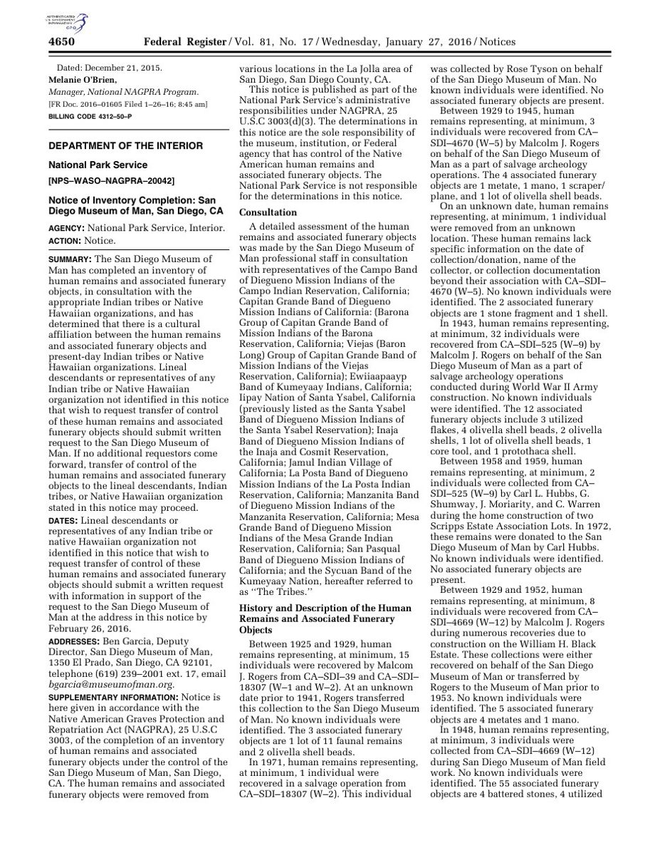 A page of small print from the Federal Register headed Notice of Inventory Completion, San Diego Museum of Man