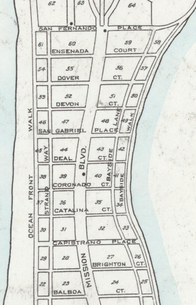 A street map section of Mission Beach showing Capistrano Place, then Catalina, Coronado and Deal Courts, San Gabriel Place, Devon, Dover and Ensenada Courts and San Fernando Place, with Ocean Front Walk, Strand Way, Mission Boulevard and Bayside Lane running north and south
