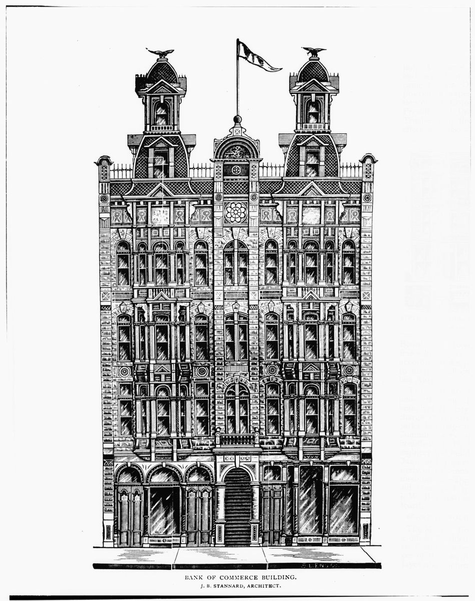A detailed engraving of a narrow four story building with twin towers, rows of arched windows and a flag on top