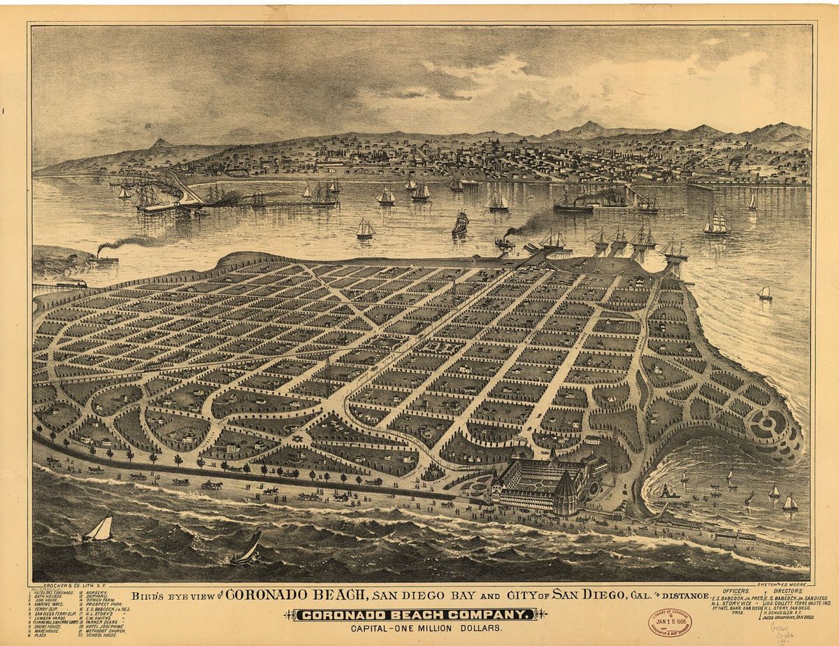 A lithograph of a peninsula laid out in curving streets in the foreground, the bay full of ships across the middle, and a town on the far shore