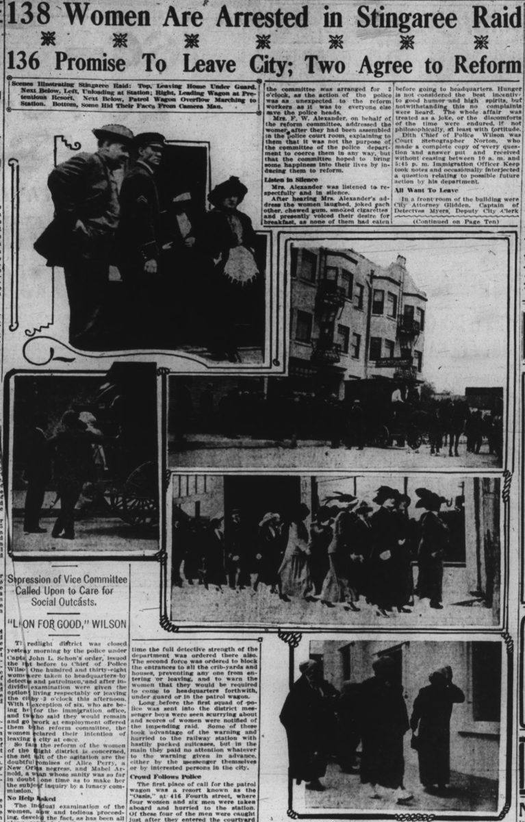 A full newspaper page with a two line banner headline about the Stingaree raid over five photographs: police leading women from a doorway, a patrol wagon at a building, women unloading at the station, a line of women walking, and women hiding their faces