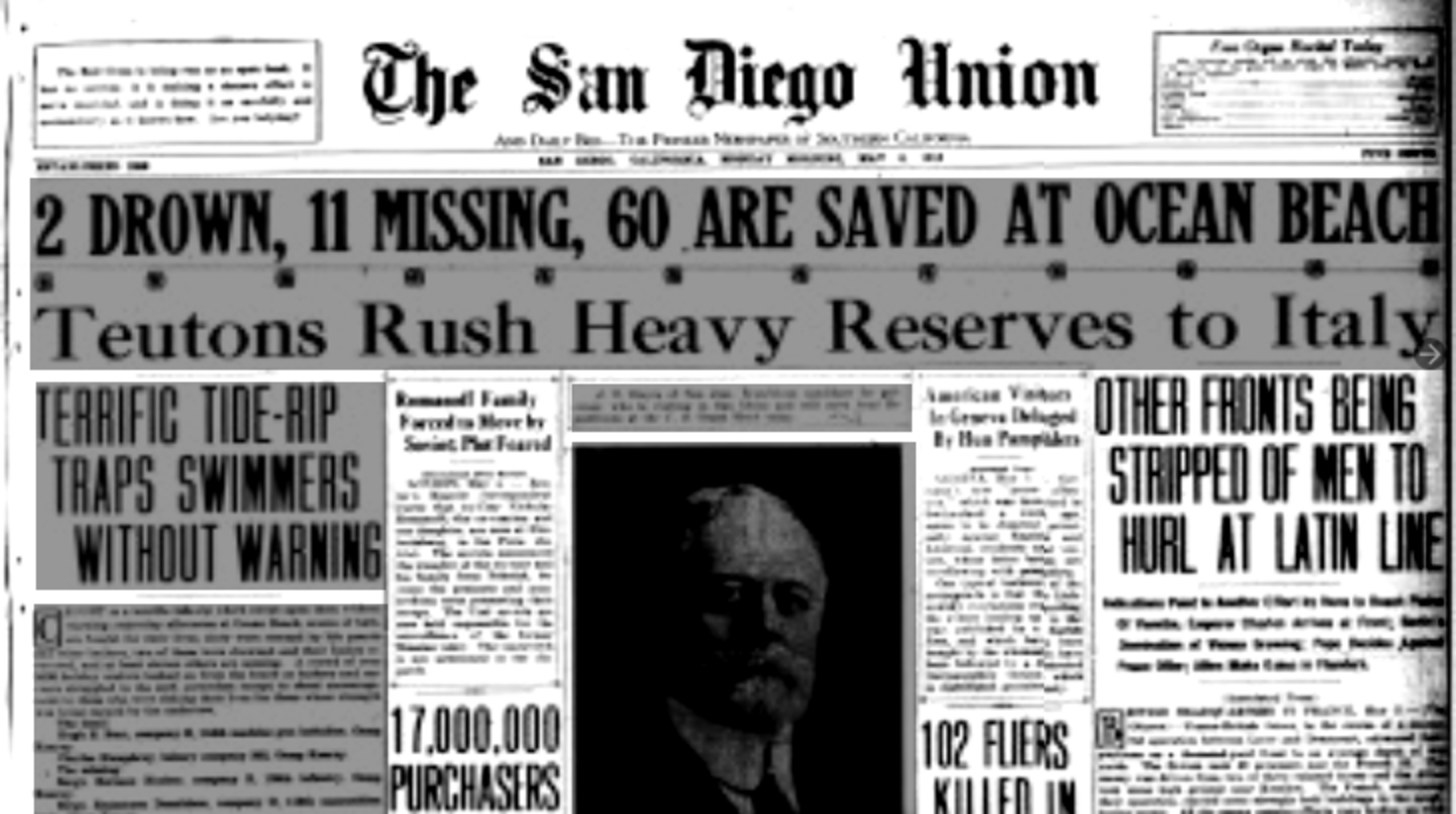 Front page banner headline from May 1918 reading 2 DROWN, 11 MISSING, 60 ARE SAVED AT OCEAN BEACH, above a second banner on the war in Italy, with a column headed TERRIFIC TIDE-RIP TRAPS SWIMMERS WITHOUT WARNING.