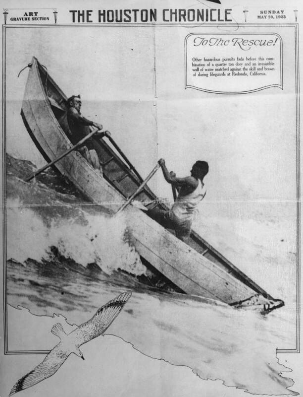 Newspaper photogravure of two lifeguards driving a wooden dory bow first up the face of a breaking wave, one seated and rowing, one standing at an oar.