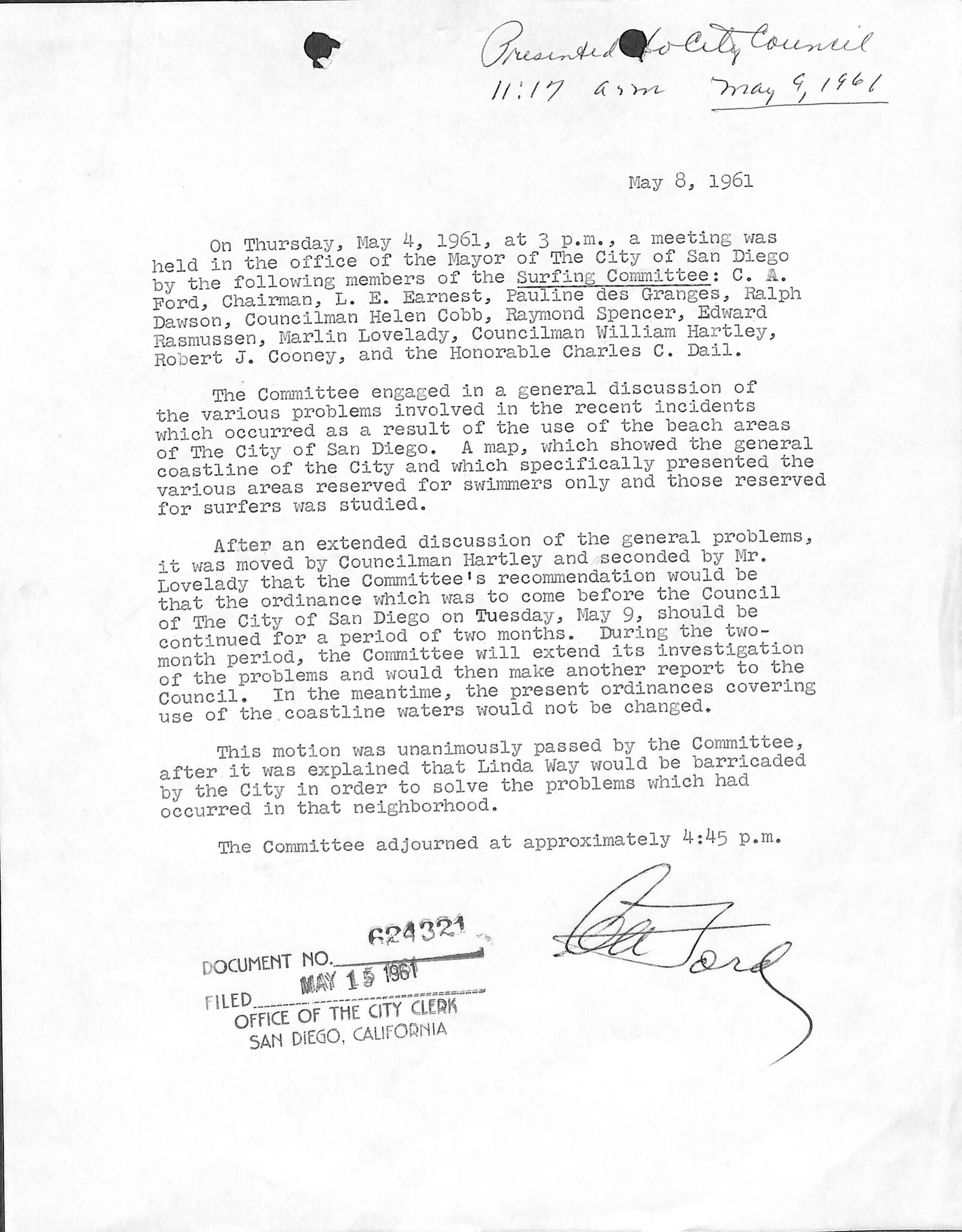 Typed one page memorandum dated May 8, 1961 recording the Surfing Committee meeting held in the Mayor's office, naming the eleven members present, and recording the unanimous motion to continue the surfing ordinance for two months.