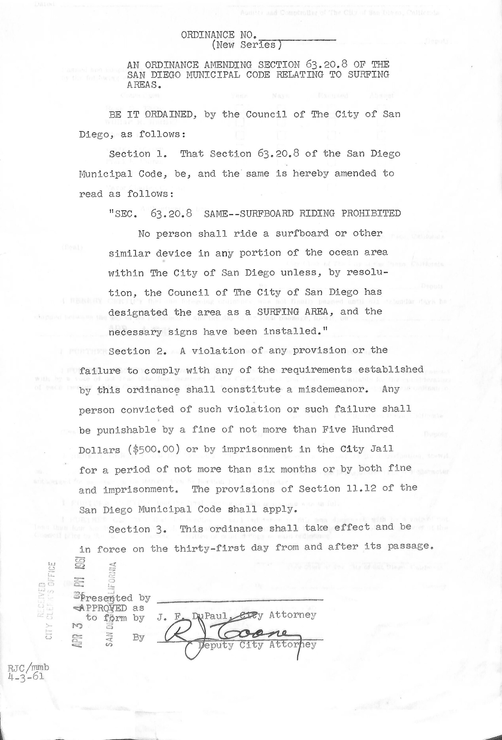 Typewritten 1961 city ordinance headed ORDINANCE NO. with a blank line where the number should be, setting out a citywide prohibition on surfboard riding, stamped received by the City Clerk's Office on April 3, 1961 and signed as to form by a deputy city attorney.