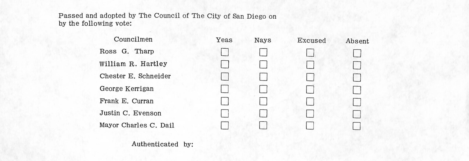 The voting block of the 1961 ordinance form, listing Ross G. Tharp, William R. Hartley, Chester E. Schneider, George Kerrigan, Frank E. Curran, Justin C. Evenson and Mayor Charles C. Dail, each with empty Yeas, Nays, Excused and Absent checkboxes.