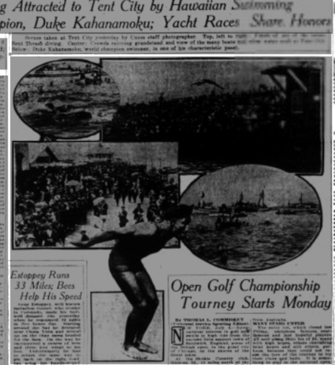 A newspaper photo block showing a packed grandstand, a crowd on the sand among tents at Coronado Tent City, boats on the bay, and Duke Kahanamoku standing in a swimmer's crouch in a dark one piece suit.