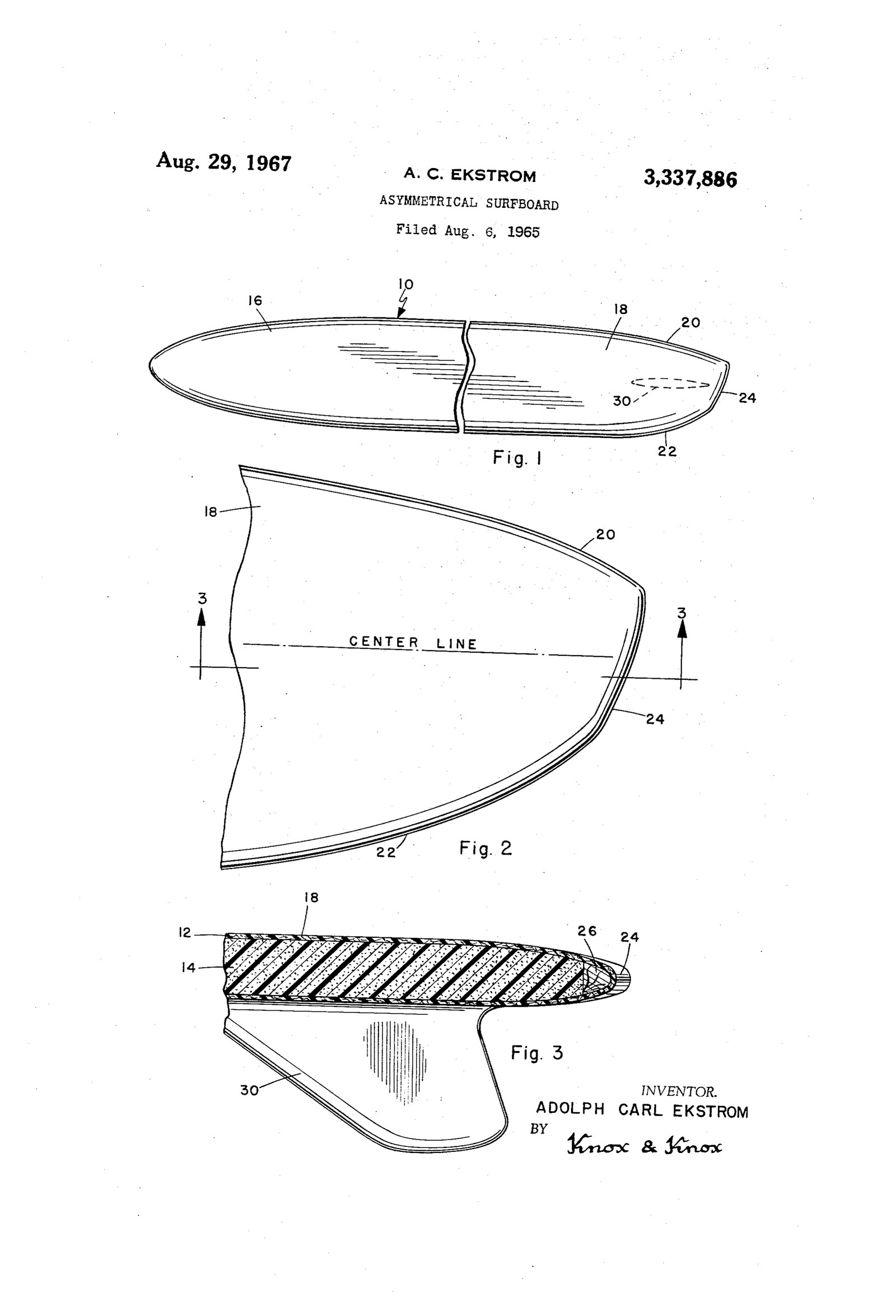 Patent drawing sheet showing three figures: a surfboard in plan view, an enlarged view of the asymmetrical tail with a dashed line labelled CENTER LINE, and a cross section through the tail showing the core and fin.