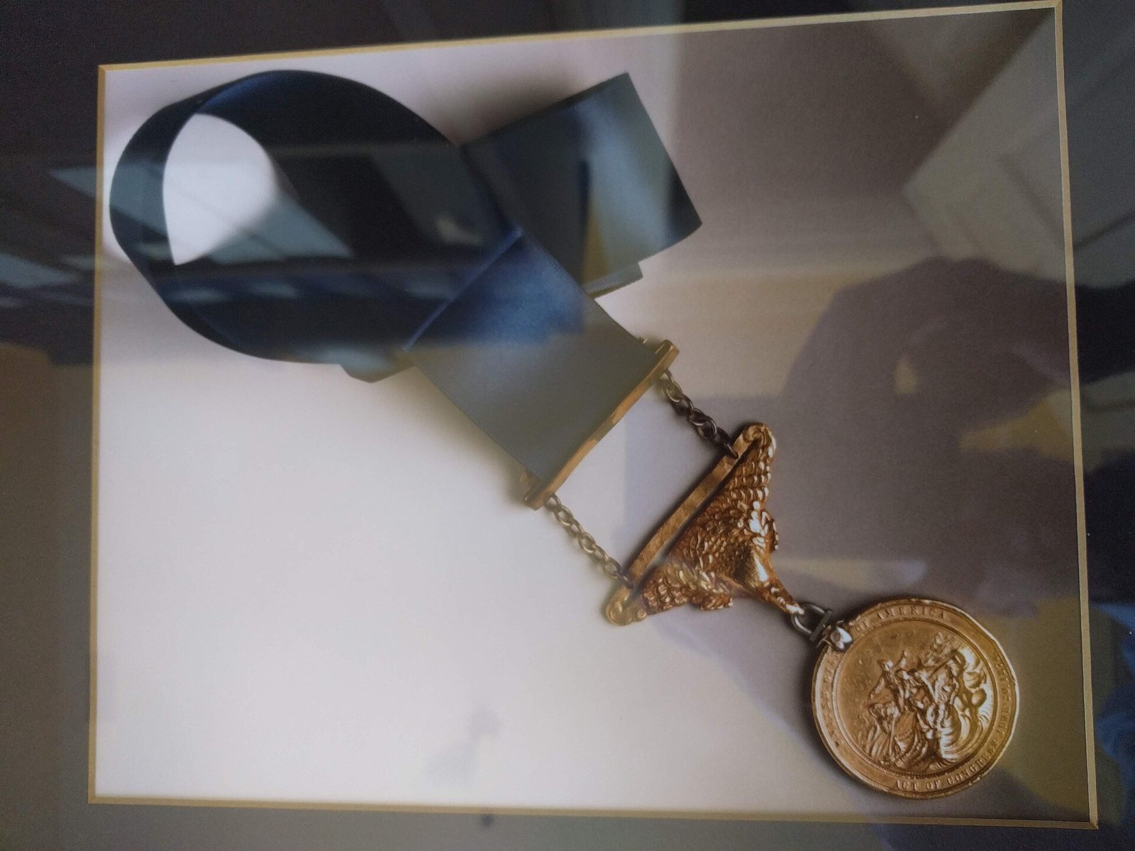 A gold medal hanging from a dark blue ribbon and an ornate gold bar, displayed in a frame