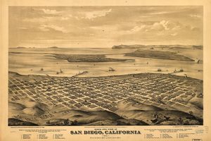A drawn bird's eye view of San Diego in 1876, a grid of streets and buildings on the shore of the bay, with the peninsula and the ocean beyond and ships at anchor
