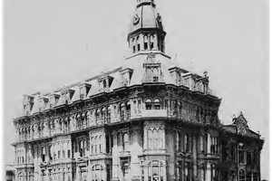 The Morse-Pierce Building on the corner of Sixth and F streets in San Diego, photographed in 1887, with an unpaved street in front of it